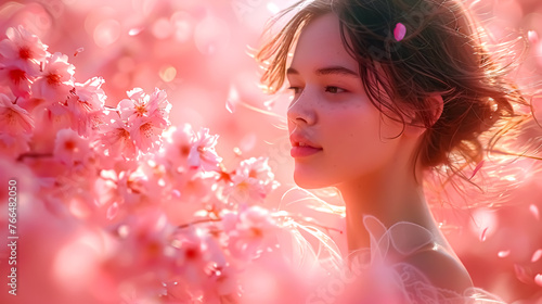 Beautiful young woman in a long white dress among the blooming cherry trees in spring. 