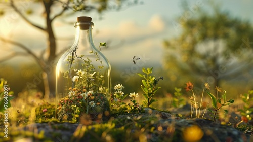 Glass Bottle Render the glass bottle with crisp  clean lines and reflective surfaces to convey its transparency Inside the bottle  create a miniature natural scene  such as a tiny landscape with trees