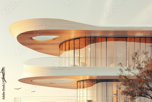 A close exterior view of a modern house design inspired by the aerodynamics of an eagle's wings, set against a background color of pale gold