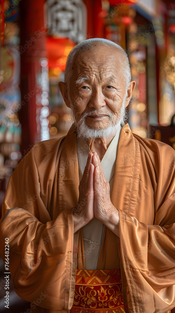 An elderly man with a beard and moustache is praying in a temple, his wrinkled face showing a serene smile. The art and history of the monument complement his peaceful expression