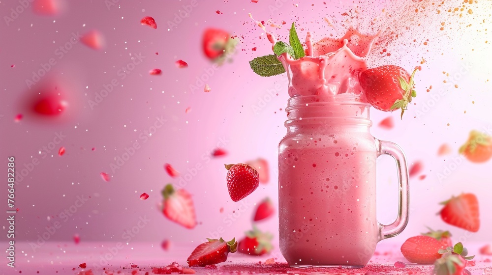 An epic stylized advertise photo of a fruit smoothie bursting energetically from a mason jar, along with slices of strawberry milk and mint leaves floating up, set against a matte lavender background An epic stylized advertise photo of a fruit smoothie bursting energetically from a mason jar, along with slices of strawberry milk and mint leaves floating up, set against a matte lavender background