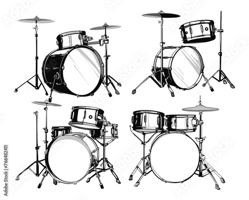 Set of different drum kit, black vector isolated against white background 