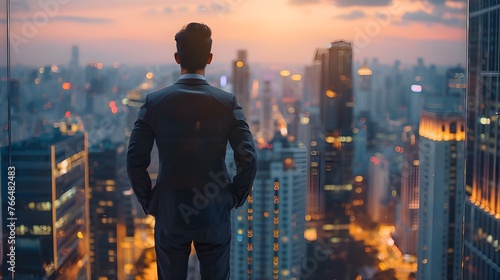 Thoughtful Young Businessman in a Perfect Tailored Suit Standing in His Modern Office Looking out of the Window on Big City in the Evening. Successful Finance Manager Planning Ai generated