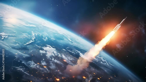 A view from space, of a rocket flying out of the atmosphere of planet Earth. Generative AI