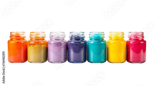 A row of small jars filled with different colors of paint