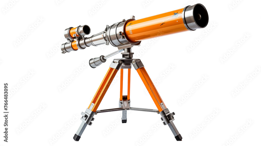 A telescope mounted on a tripod stands against a stark white background A telescope mounted on a tripod stands against a stark white background