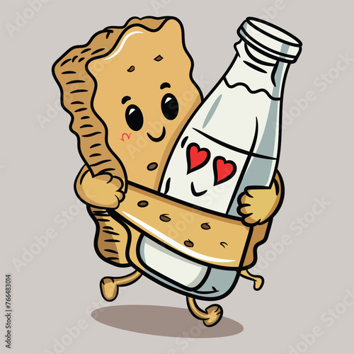 Vector hand-drawn biscuit hugging milk with love cartoon food and drink icon illustration
