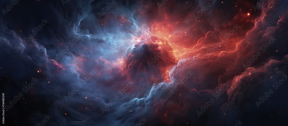 A beautiful painting depicting a red and blue nebula in space, resembling a cumulus cloud in an astronomical landscape. The colors blend seamlessly in this mesmerizing art piece