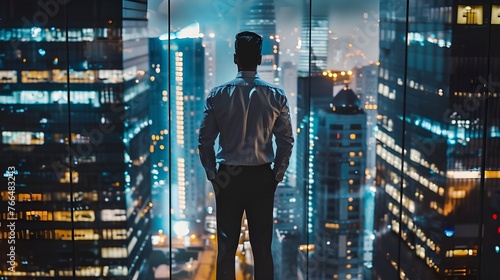 Thoughtful Young Businessman in a Perfect Tailored Suit Standing in His Modern Office Looking out of the Window on Big City in the Evening. Successful Finance Manager Planning AI Generated