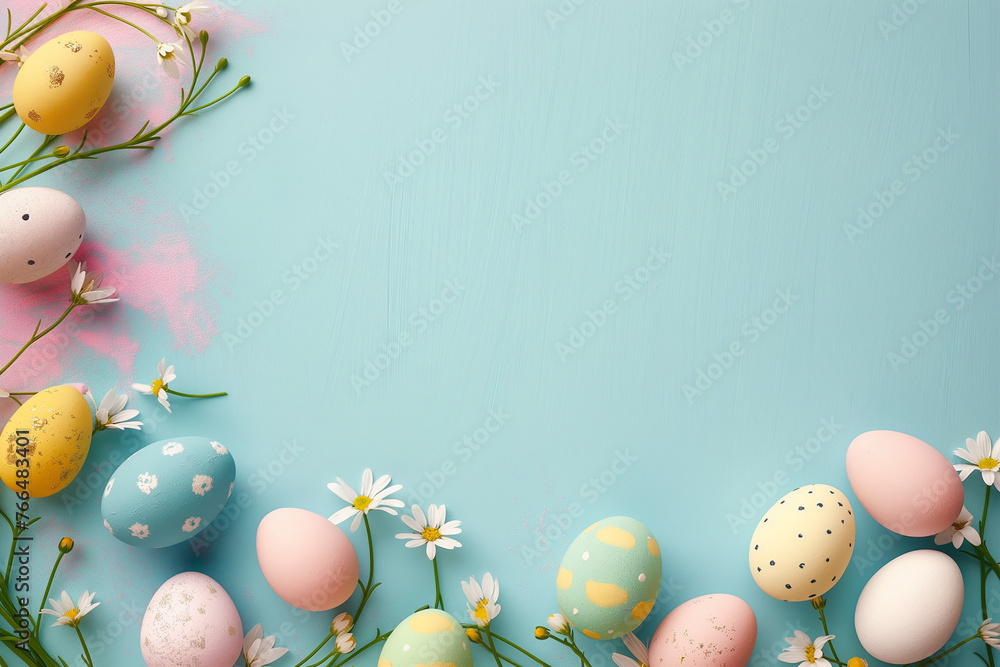 Easter eggs on blue pastel background - festive spring illustration.