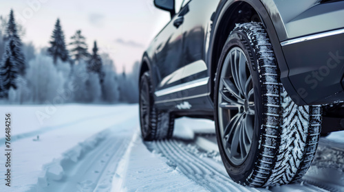 Winter Travel: Gray Car with Snow Tires. Generative AI © Sascha