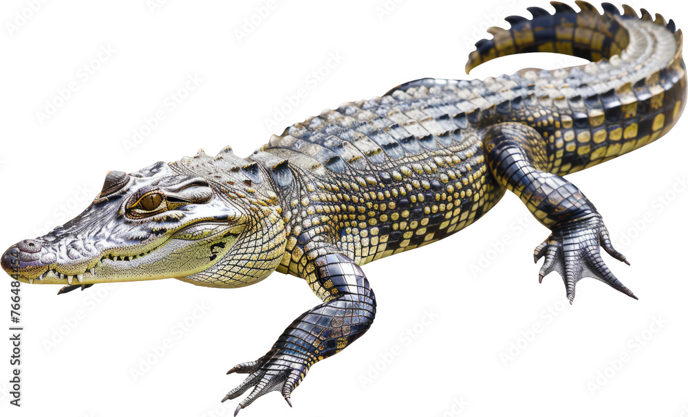 Fototapeta premium Young American alligator lounging isolated, cut out transparent