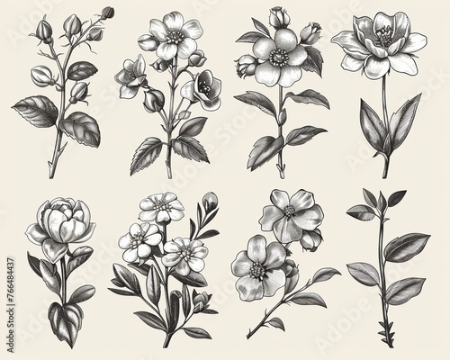 Nature Poetry The Delicate Beauty of HandDrawn Flora Icons in Classic Style illustration  high detailed