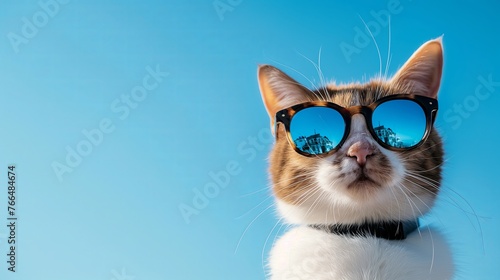 Orange cool tabby cat wearing sunglasses looking down on blue background, retro glamor