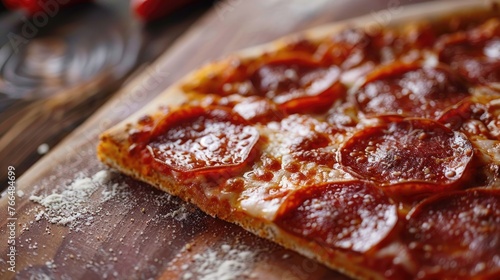 Freshly sliced pepperoni pizza on a wooden cutting board, perfect for food blogs or restaurant menus