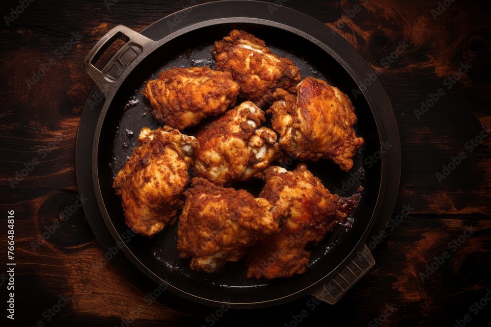 Tempting fried chicken on a rustic plate against a dark background