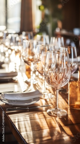 Crystal wine glasses on a wooden table set for a dinner party