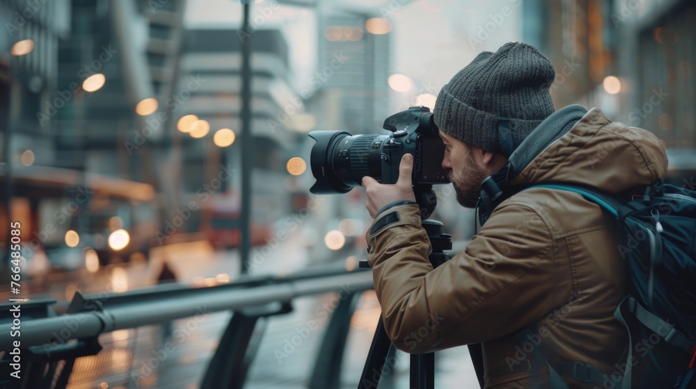 A man using a camera to take a photo. Suitable for photography concepts A man using a camera to take a photo. Suitable for photography concepts