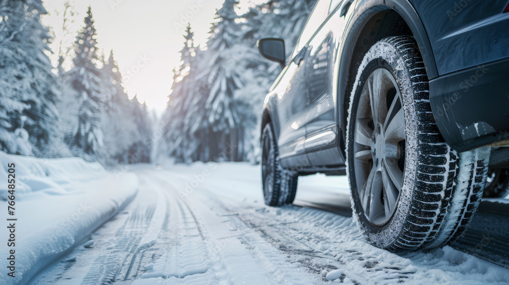Winter Travel: Gray Car with Snow Tires. Generative AI