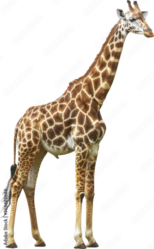 Naklejka premium Tall giraffe standing side view, cut out transparent