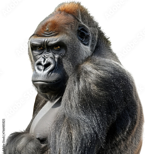 Gorilla portrait with intense gaze, cut out transparent