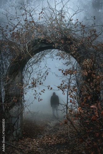 A person walking through a mysterious foggy forest. Suitable for various outdoor and nature themes