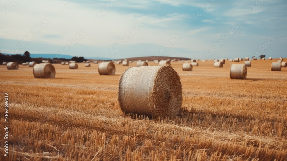 Field of hay rolls under blue sky