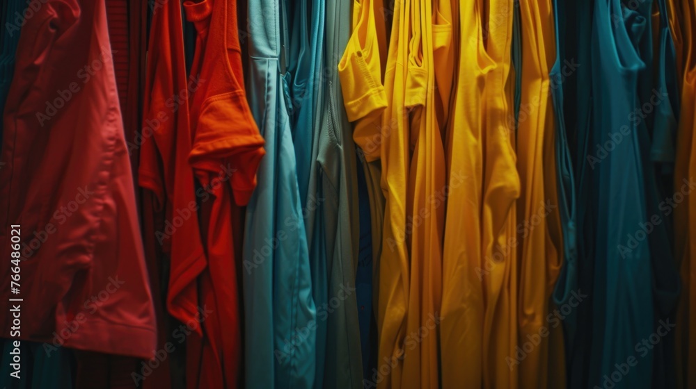 Colorful shirts hanging on a wall, perfect for retail or fashion concept