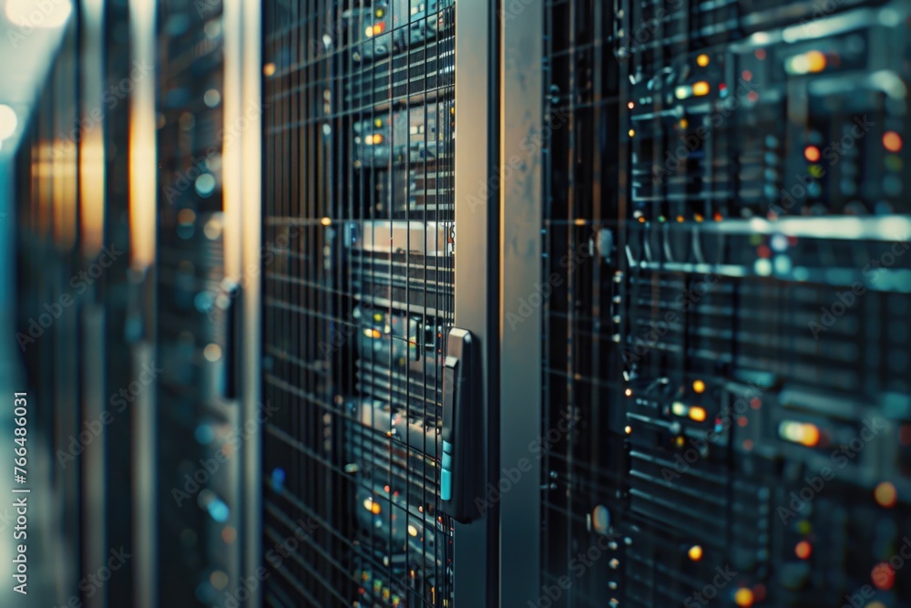 A row of servers in a server room. Ideal for technology concepts