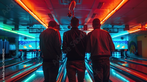 Group of men in a bowling alley. Suitable for sports and leisure concepts
