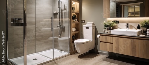 Contemporary bathroom showcasing a toilet, sink, and shower fixtures for personal hygiene and relaxation