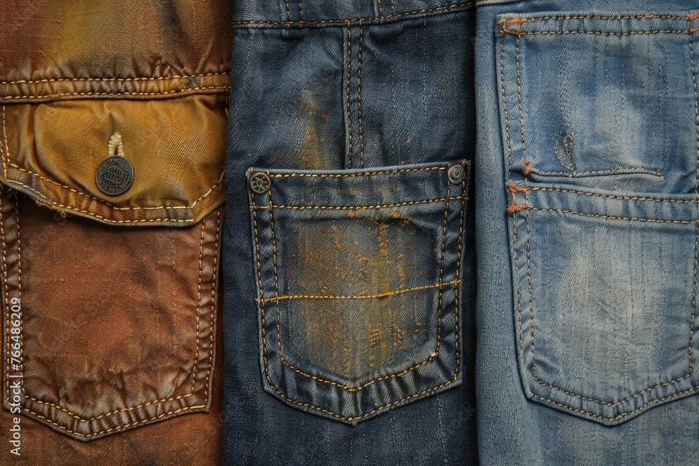 Naklejka premium Various colored jeans hanging on a wall, perfect for fashion or retail concepts