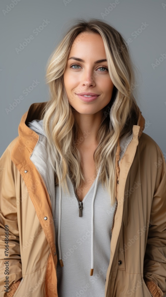Portrait of a smiling blonde woman in a brown jacket Portrait of a smiling blonde woman in a brown jacket
