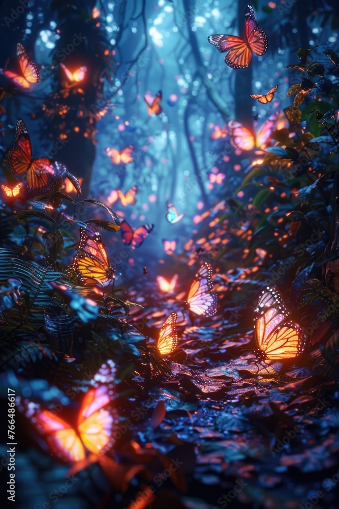 A beautiful forest filled with fluttering butterflies. Ideal for nature and wildlife themes