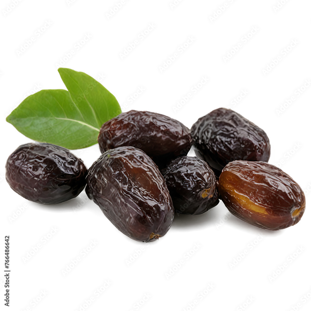 ripe brown dates with green leaves. The object is isolated on a white background ripe brown dates with green leaves. The object is isolated on a white background