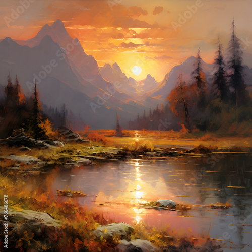 The Divine Artistry: A Serene Lake Resting in the Lap of Misty Mountains Under a Twilight Sky