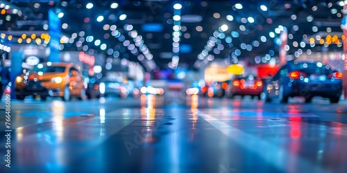 Fuzzy picture of a trade show venue with showcased cars at a business gathering. Concept Business Events, Trade Shows, Car Showcases, Venue Photography, Professional Networking