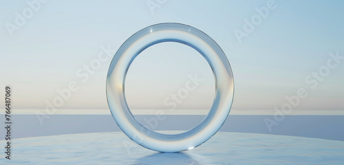 A glass circle flying over the on a white background, 8k