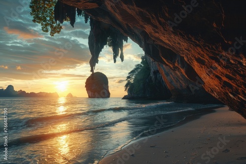 Beautiful sunset behind a cave on the beach, perfect for travel and nature concepts