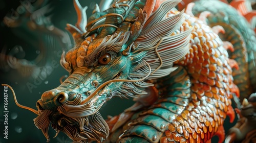 Detailed view of a dragon statue, suitable for fantasy themes