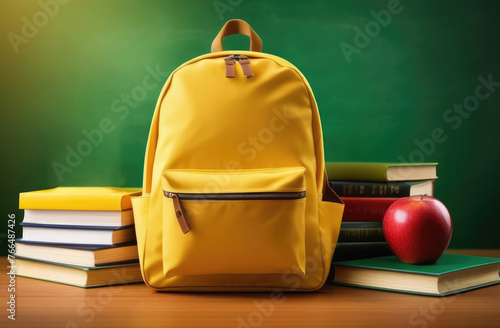 On a table on an isolated green background there are school supplies, a school yellow backpack, books and notebooks in a stack, a red apple on the books. Back to school concept photo