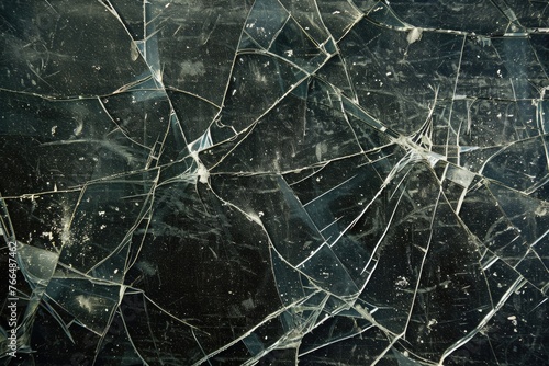 Close-up of cracked glass with dark backdrop. Ideal for concepts of damage or vulnerability