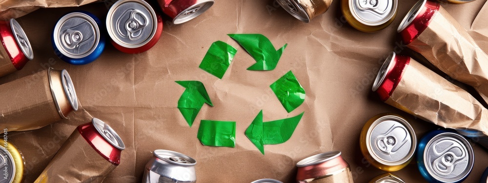 Recycle Concept with Aluminum Cans and Cardboard Symbol. Recycle Concept with Aluminum Cans and Cardboard Symbol.