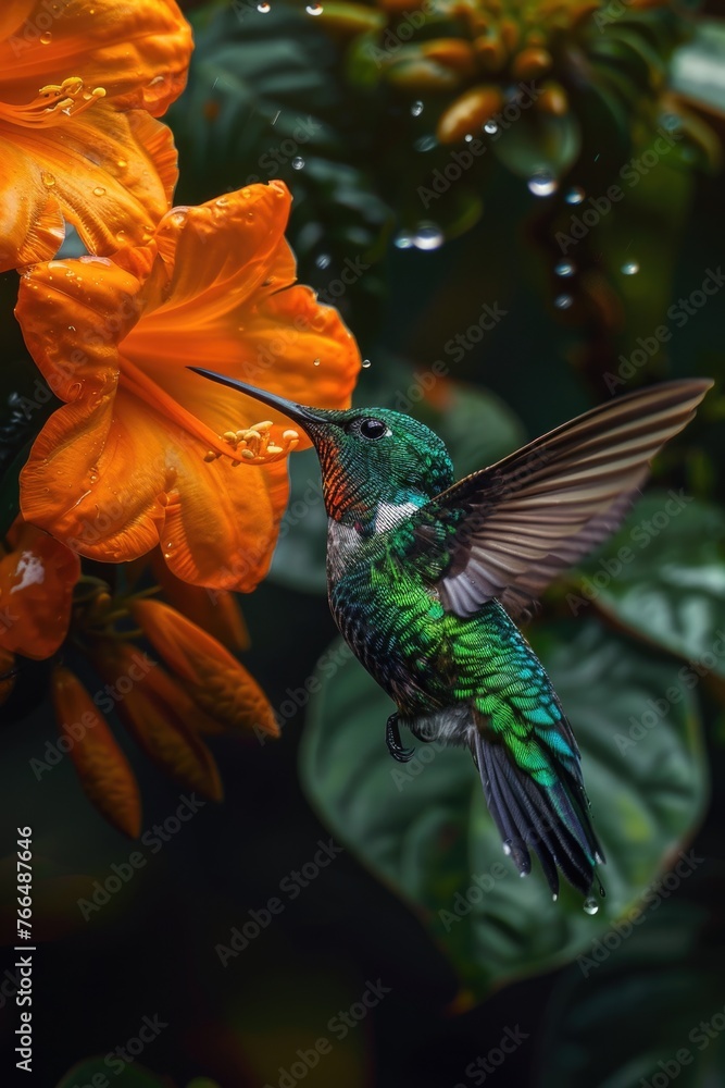 Obraz premium A beautiful hummingbird in flight near a flower, perfect for nature designs