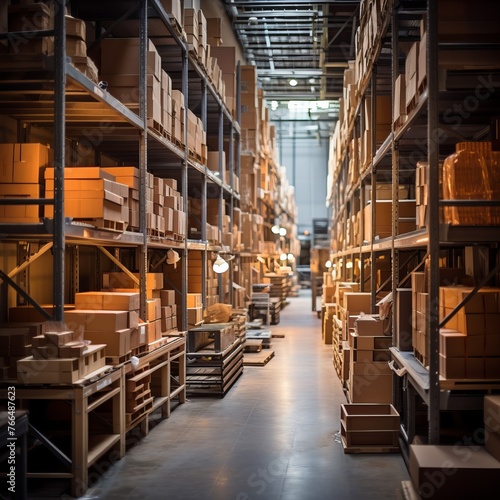 Warehouse with cardboard boxes on shelves