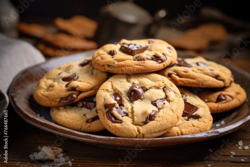 Exquisite chocolate chip cookies on a rustic plate against a whitewashed wood background