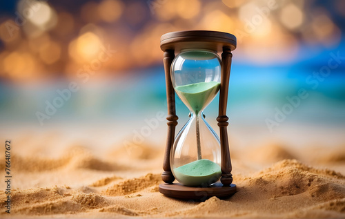 An hourglass symbolizing the passage of time, placed on a white table against a backdrop of colorful natural bokeh