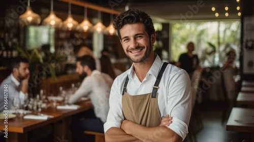 Portrait of a happy waiter standing in a restaurant with his arms crossed photo