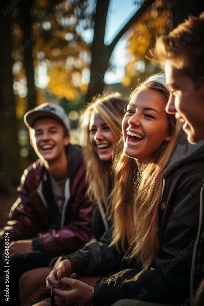 Four cheerful teenagers sitting on a bench in a park