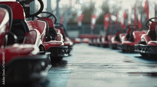 A row of go karts lined up, perfect for recreational or racing concepts © Fotograf